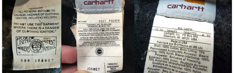 Examples of Carhartt tags that can be used to identify the date the Carhartt item is from
